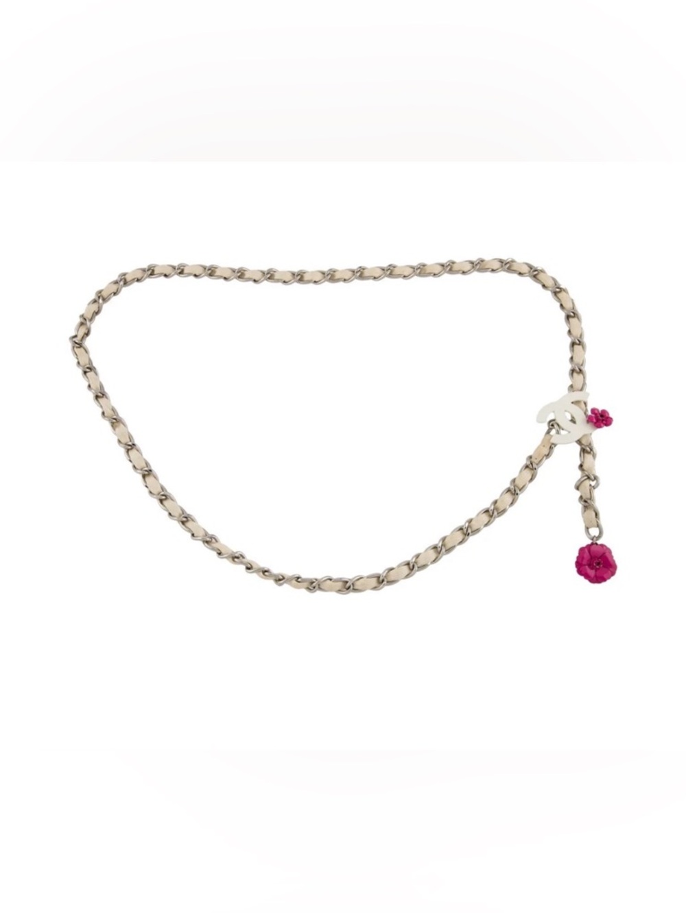 Chanel Chain Link CC Belt Pink Camellia Silver Tone 2004 Vintage - Picture 2 of 6